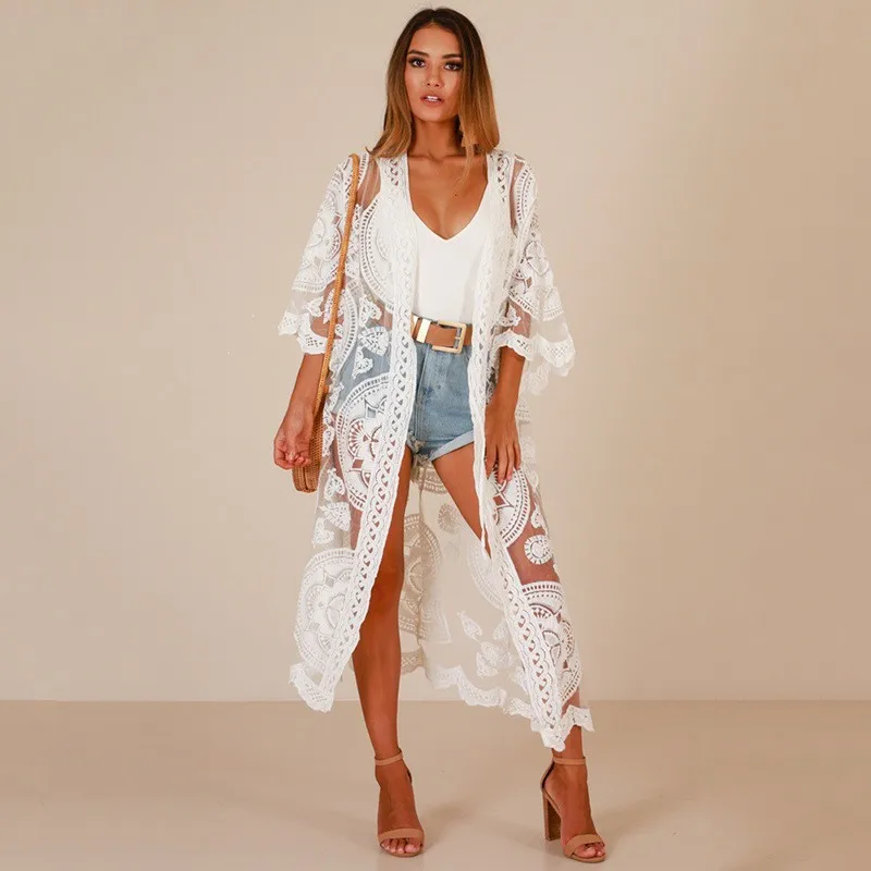 

Flower Lace Beach Cover Up Swimwear Kimono Flare Sleeve See Through Long Cardigan Bikini Outer Cover Sexy Cover-Ups