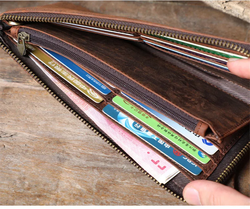 Vintage simple crazy horse cowhide men's long wallet casual natural genuine leather multi-card card holder phone clutch purse