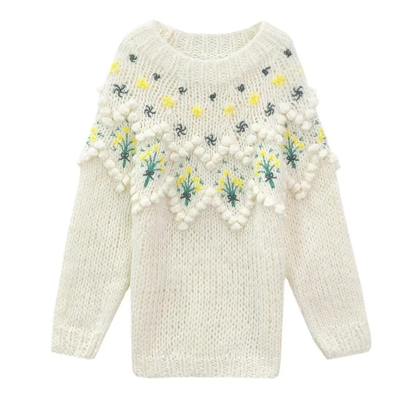Весенне-осенний новый пуловер с цветочной вышивкой женский свободный крой