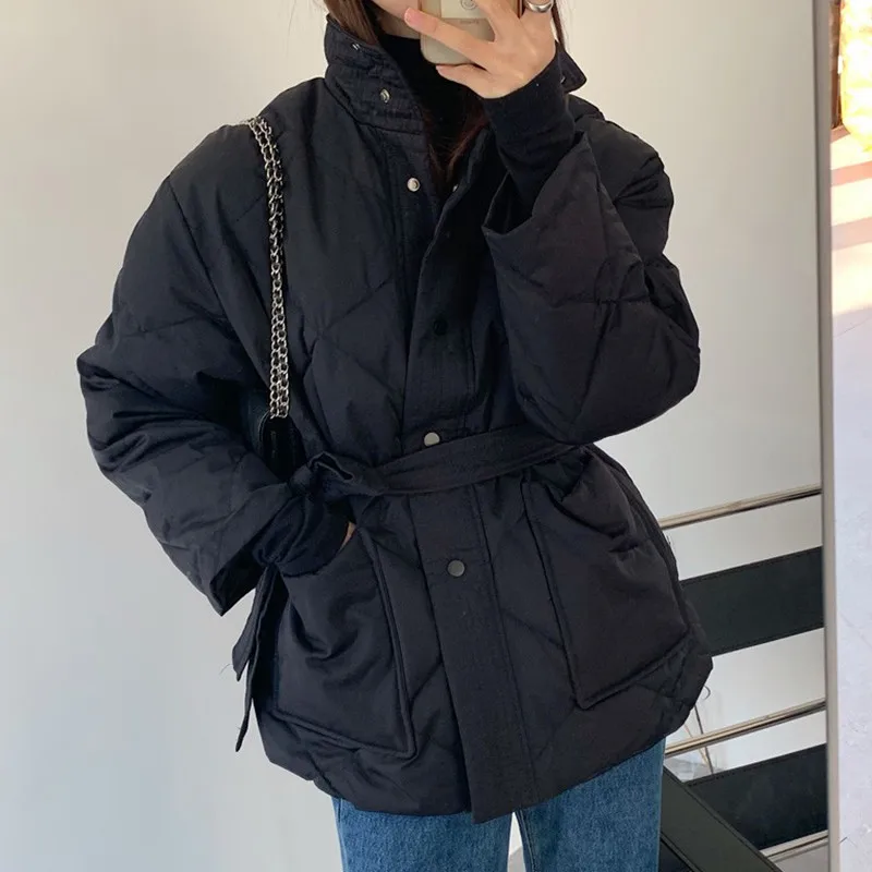 GUUZYUVIZ Winter Parkas For Women Casual Turtlenck Pocket Bandage Coat Women 2022 New Solid Diamond Thicken Warm Jacket Outwear