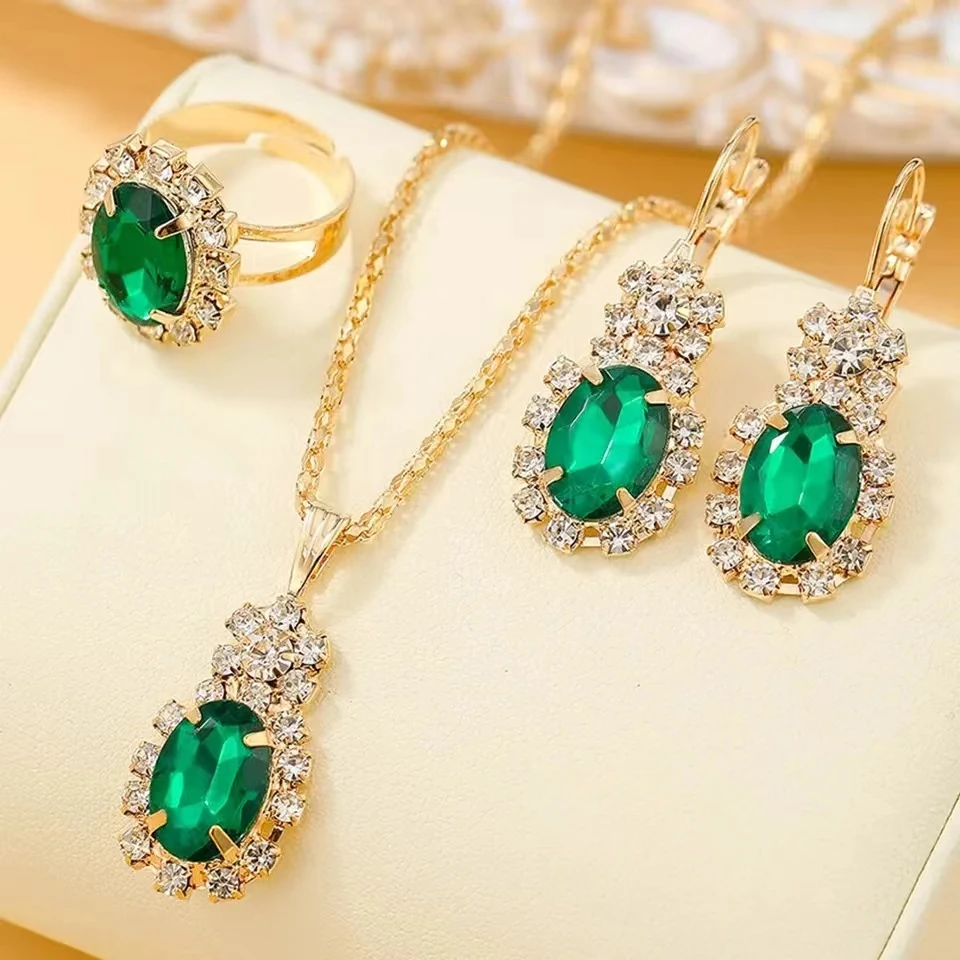 Элегантный Комплект Ювелирных Изделий Из 3 Предметов В Форме Зеленой Капли С