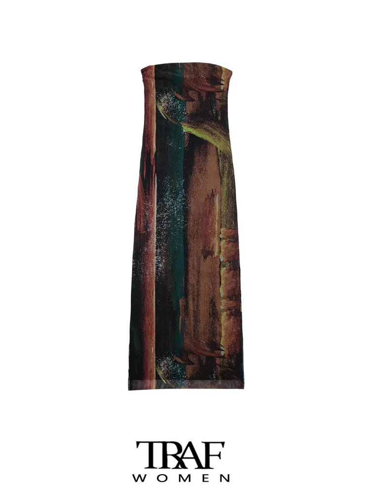 

Платье-миди из тюля с принтом, без бретелек, с воротником-стойкой