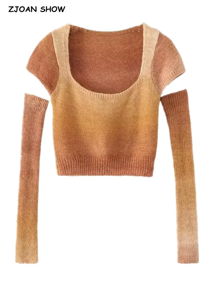 

Spring Autumn Removable Sleeve Gradual Color Knitted Pullover Sweater Retro Women Square neck Slim Stretch Knitwear Jumper