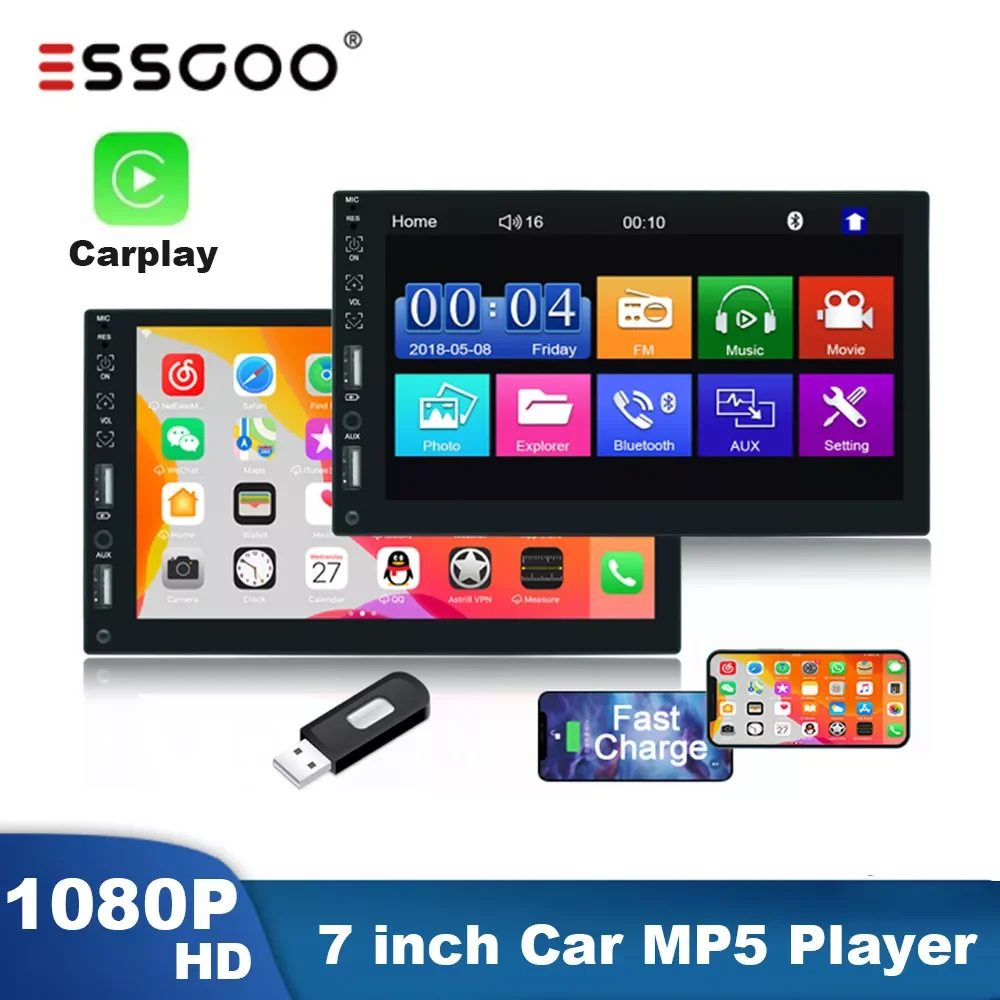 

NEW2023 ESSGOO 1 Din 2 Din Universal Car Radio Wire Carplay Android Auto Multimedia MP5 Player AM FM SD AUX IN Bluetooth Car Aut