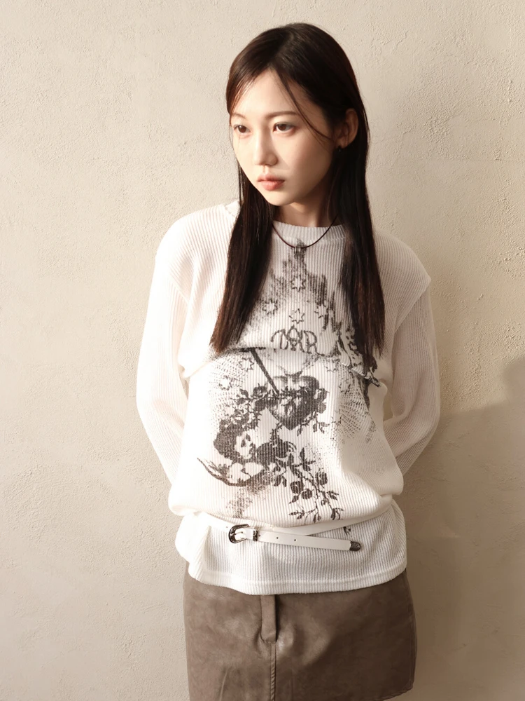 Y2k Эстетические винтажные свободные свитера с принтом ангела повседневные