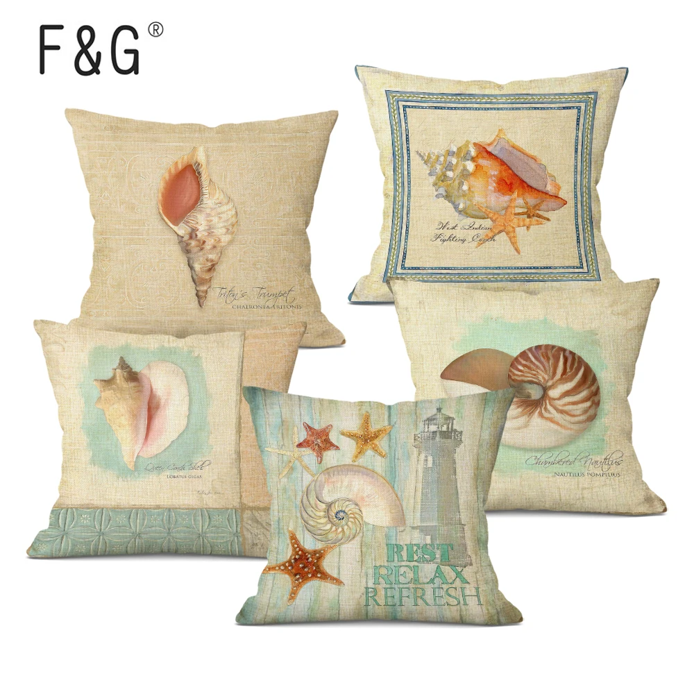 

Vintage Sea Conch Cushions Cover Ocean Home Decor Linen Pillow Case Decorative Car Sofa Throw Pillows Pillowcase