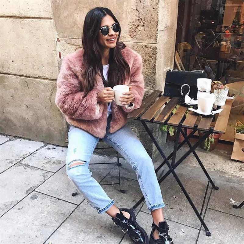 Faux fur women's jacket winter fashion high-quality thick warm pure color short elegant casual leather V-neck coat, new 2022