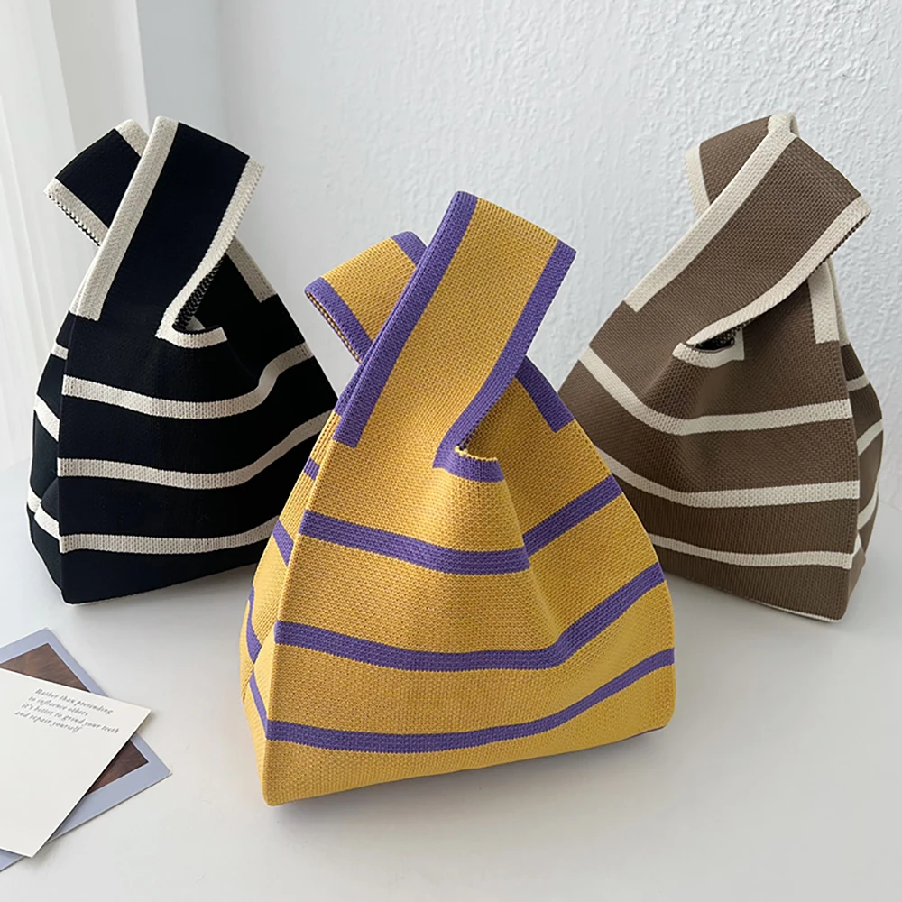 

Handmade Knit Handbag Women Mini Knot Wrist-bag Female Casual Color Wide Stripe Plaid Tote Bag Student Reusable Shopping Bag