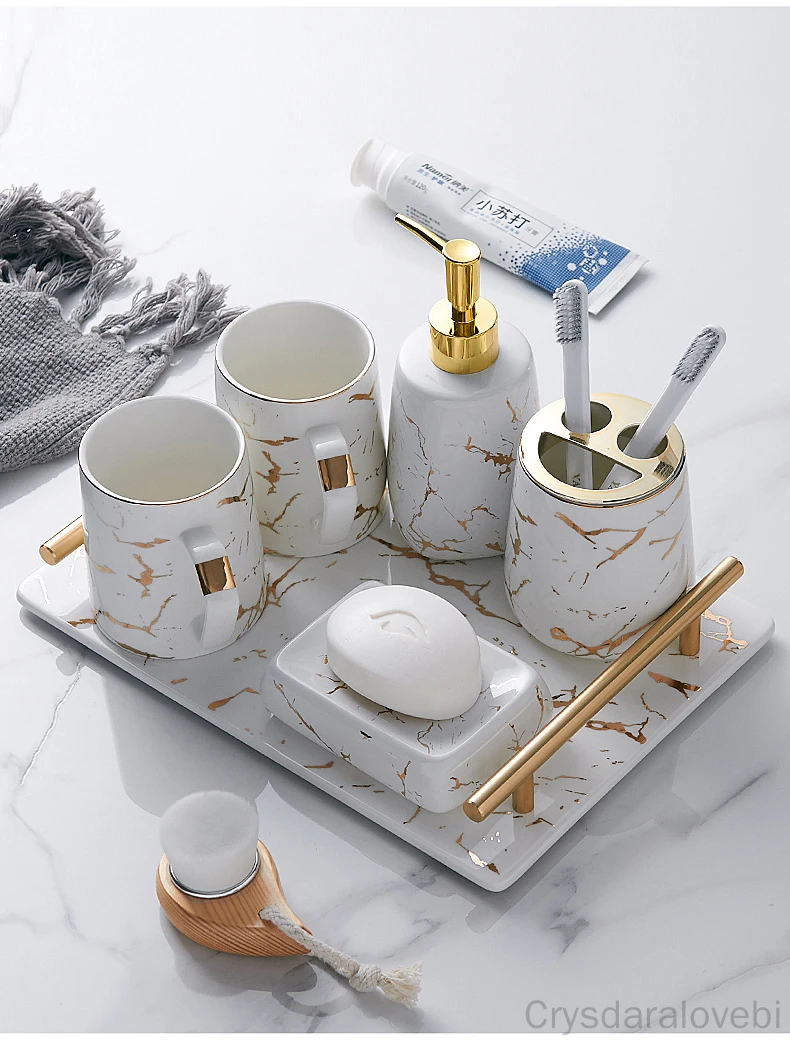 

Golden Marble Toothbrush Holder Bathroom Supplies Ceramic Mouthwash Cup Soap Box Lotion Bottle Storage Tray Bathroom Decoration