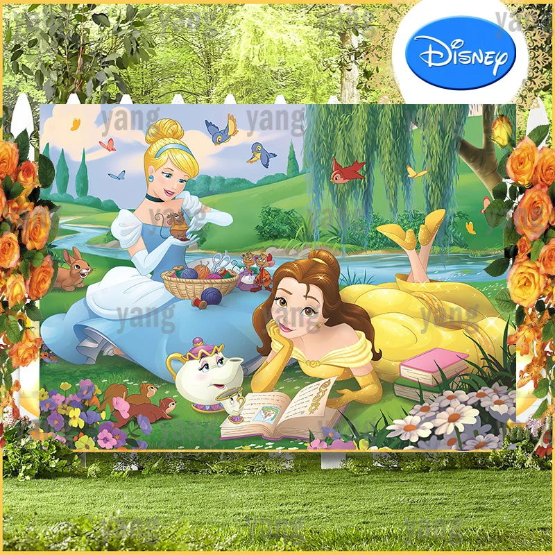 Lovely Disney Garden Banner Wedding Cinderella Backdrop Princess Belle Happy Birthday Party Pink Background Cloth Baby Shower