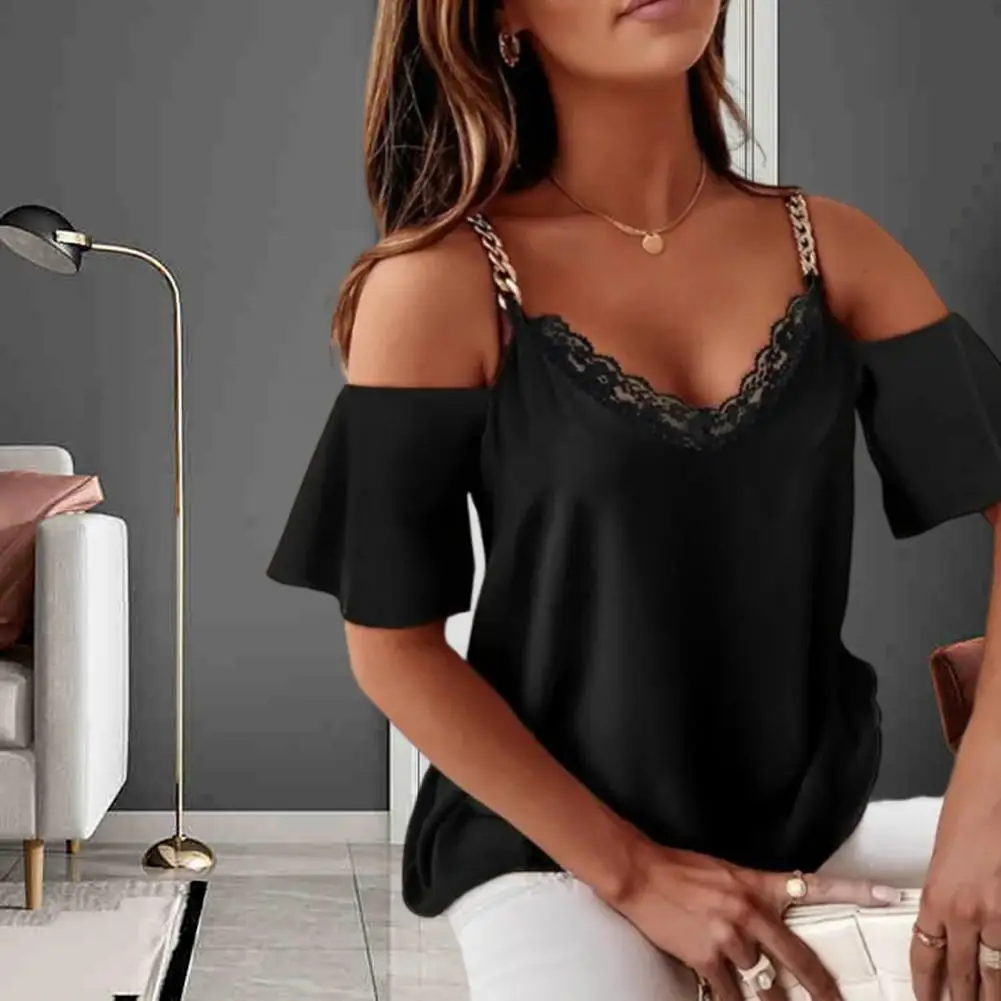 

Casual Blouse Fashion Soft Texture V-Neck Patchwork Chain Sling Cold Shoulder Women Blouse Female Clothes Basic Top Basic Top