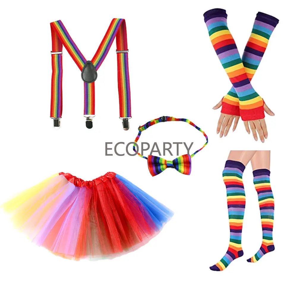 

Rainbow Tutu Skirt Suit Cosplay Costume with Headband Arm Warmer Leg Stocking Ruffle Tiered Tutus Dress For Kids Girls Carnival