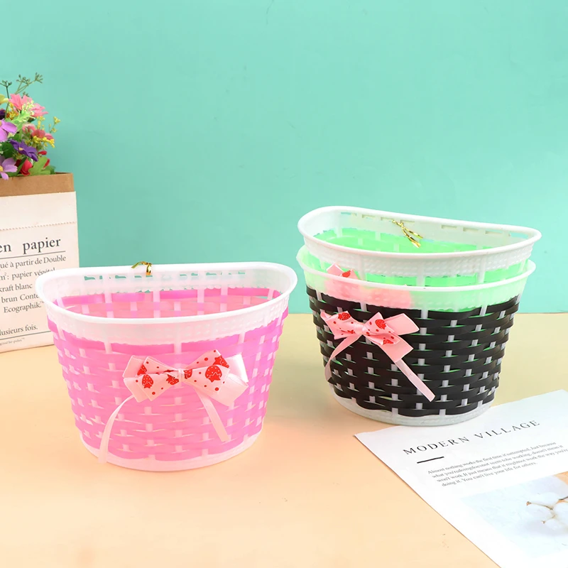 

1pc Bicycle Scooter Basket Children Bike Basket Plastic Knitted Bow Knot Front Handmade Bag Cycling Carrier Basket For Kids