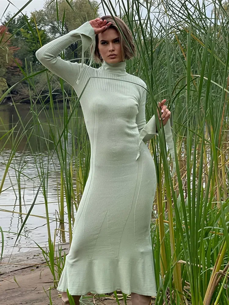 

Fashion Irregular Sleeve Knitted Maxi Dress Women High Collar Long Sleeve Pleated Bodycon Dresses Lady Solid Streetwear Dress