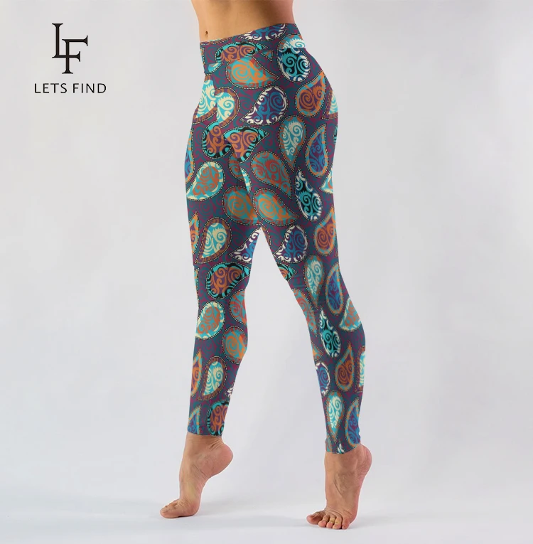 LETSFIND High Elastic 3D Cashew Flowers Printing Women Pants High Waist 220gsm Double Side Brushed Milk Silk  Leggings
