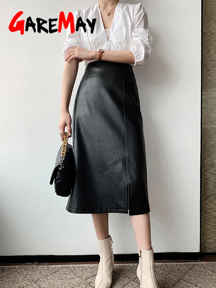 Autumn Winter Women's Leather Skirt with Side Slit A-line Vintage Long Midi High Waist Pu Faux Pencil | Женская одежда
