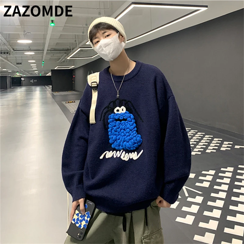 

Мужской зимний вязаный свитер ZAZOMDE, мужской пуловер в стиле Харадзюку, джемпер оверсайз с длинным рукавом, топы с 3D вышивкой в стиле аниме, свитер, одежда