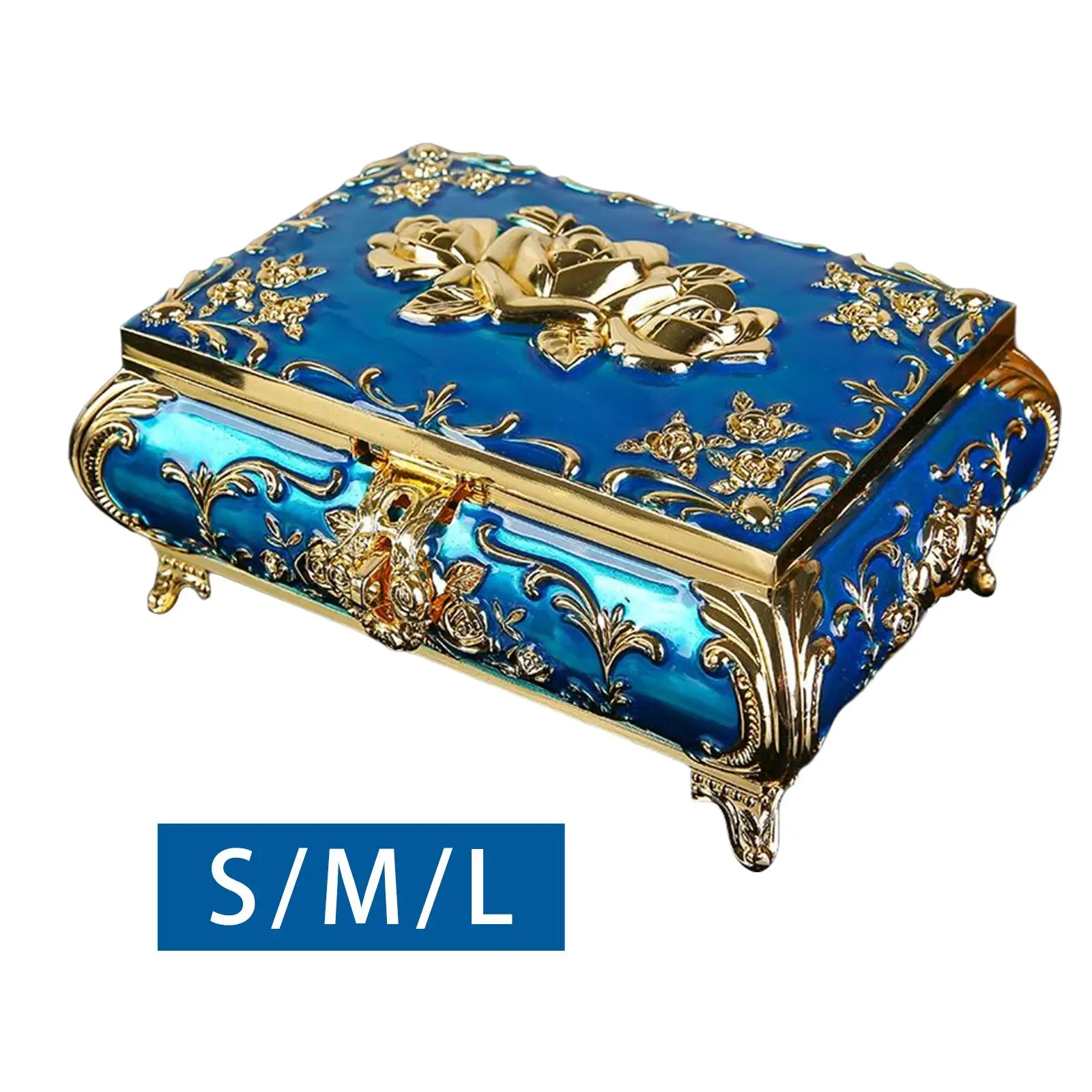 

Rose Engraved Trinket Box Blue Jewelry Box with Dividers Inside Fadeless Retro Collector