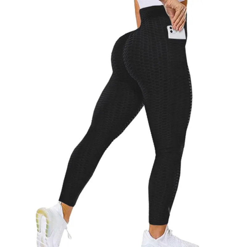 

Women's Bubble Hip Butt Lifting High Waist Leggings Honeycomb Textured Tummy Control Yoga Pants Pocket Sport Tights