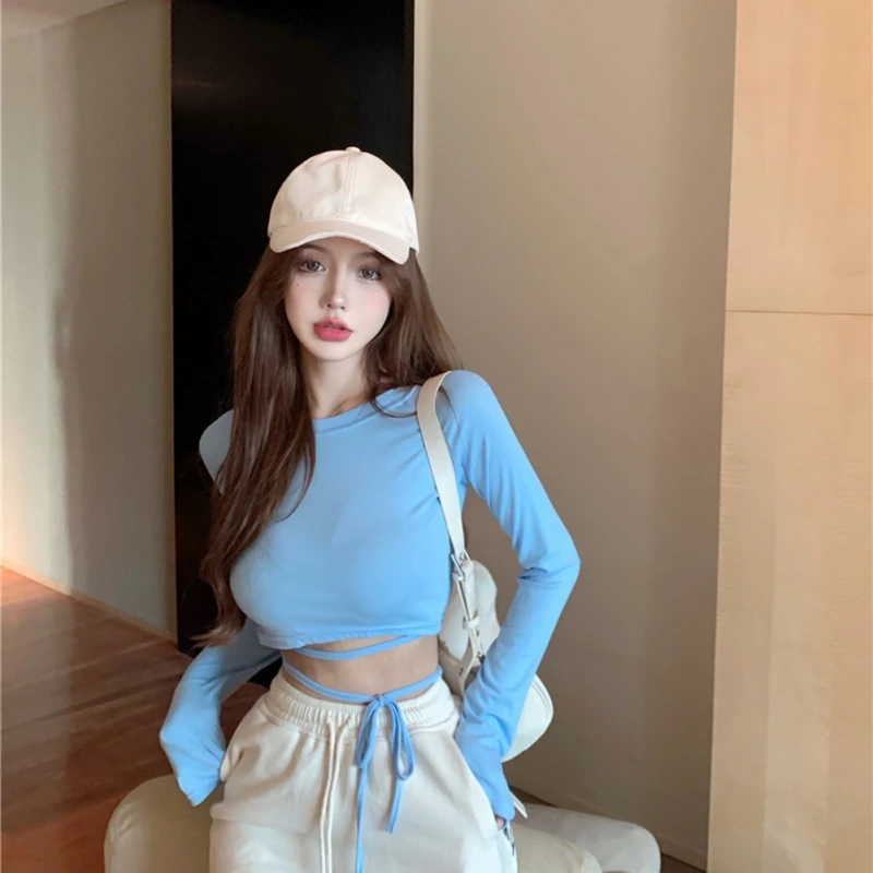 

Lace Up Long Sleeve T-shirts Women Spring Solid Simple All-match Cotton Crop Tops Korean Style Streetwear Teens Sexy Slim Skinny