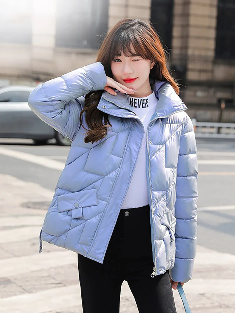 2022 Winter Jacket Women Short Womens Parkas Thicken Outerwear Solid Coats Shiny Female Slim Cotton Padded Basic Tops
