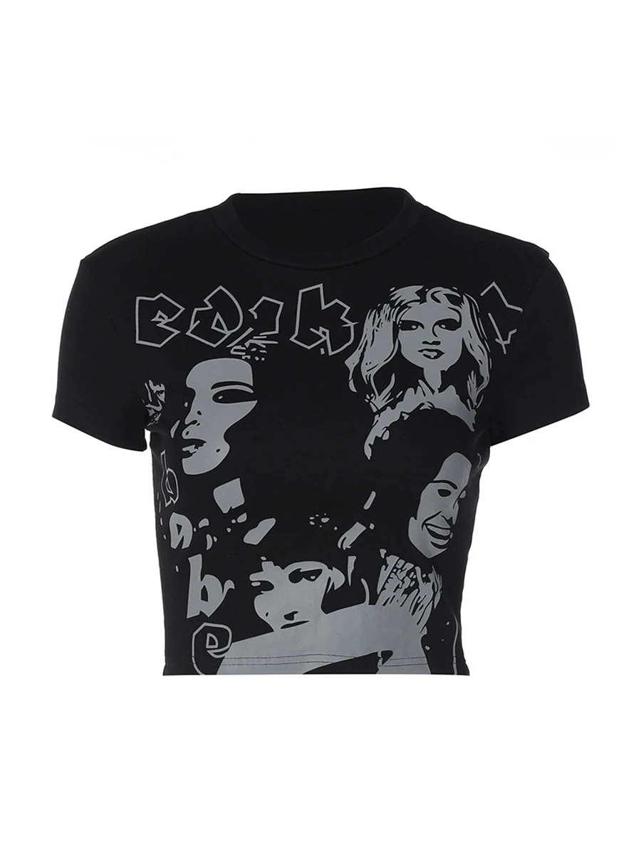 

Sexy Short Sleeve Crop Top for Women Graphic Print Round Neck Slim Fit Black T-shirt Summer Clothes