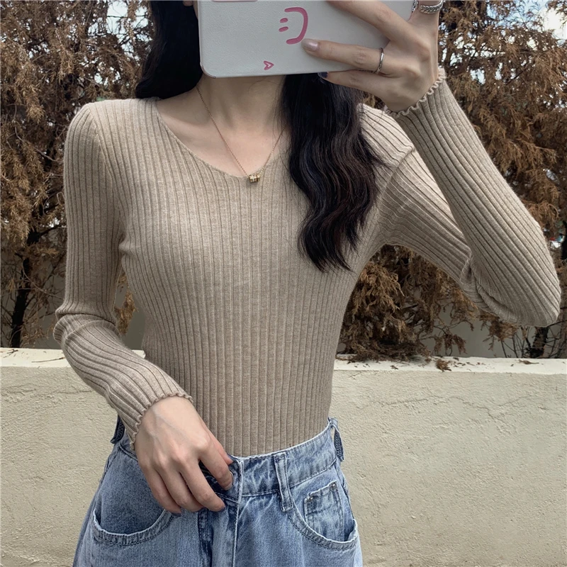 Женский трикотажный свитер с V-образным вырезом Зимний пуловер