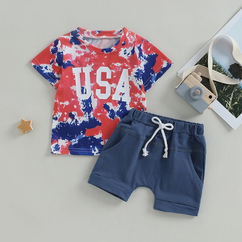 

2023-04-13 Lioraitiin 0-5Years Toddler Baby Girl Boy 2Pcs Independence Day Short Sleeve Tie Dye Printed Shirt Solid Blue Shorts