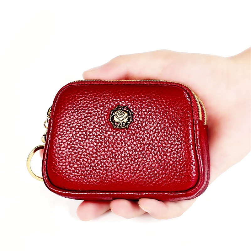 

Fashion Genuine Leather Women Coin Purse Double Zipper Small Purse Wallet Mini Card Pouch Money Bag Small Wallets with Keychain