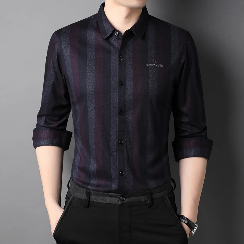 

Men's Shirts hot drill Top Grade Korean Casual Lapel Classic Fashion Spring Autumn New Soft Striped Long Sleeve Slim Fit