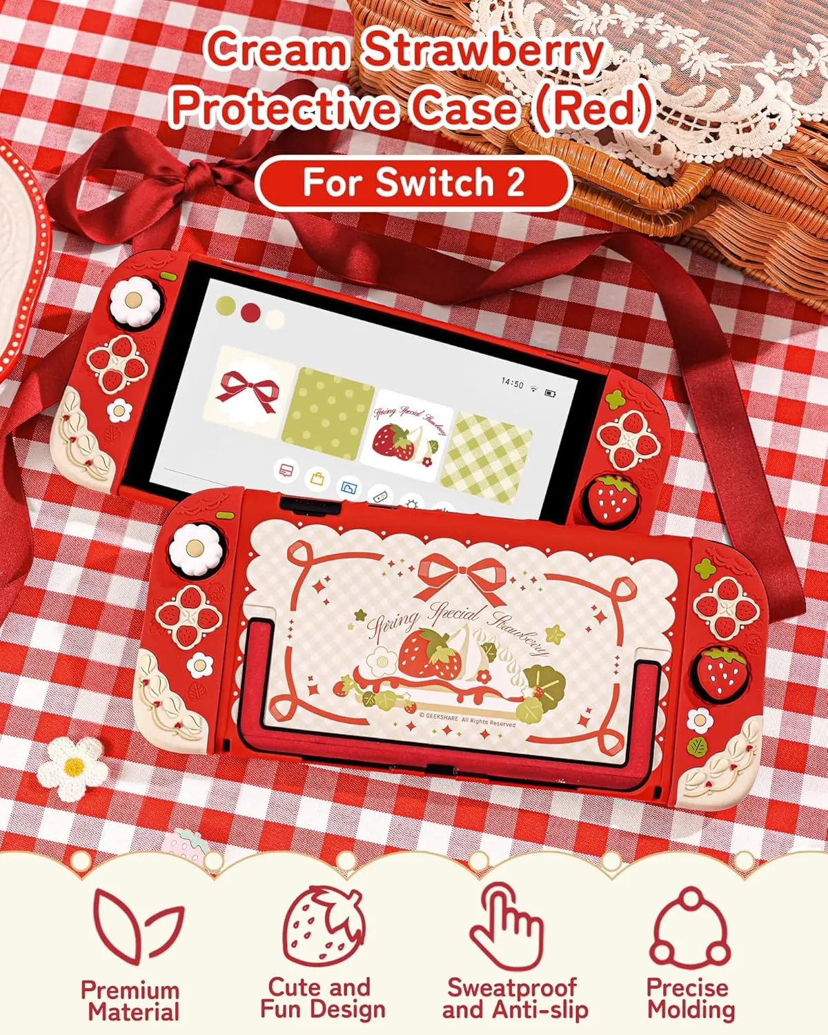 Фото Чехол GeekShare Spring Strawberries, совместимый с Switch 2 (2025), мягкий силиконовый защитный чехол NS2 с 2 накладками для джойстиков №4