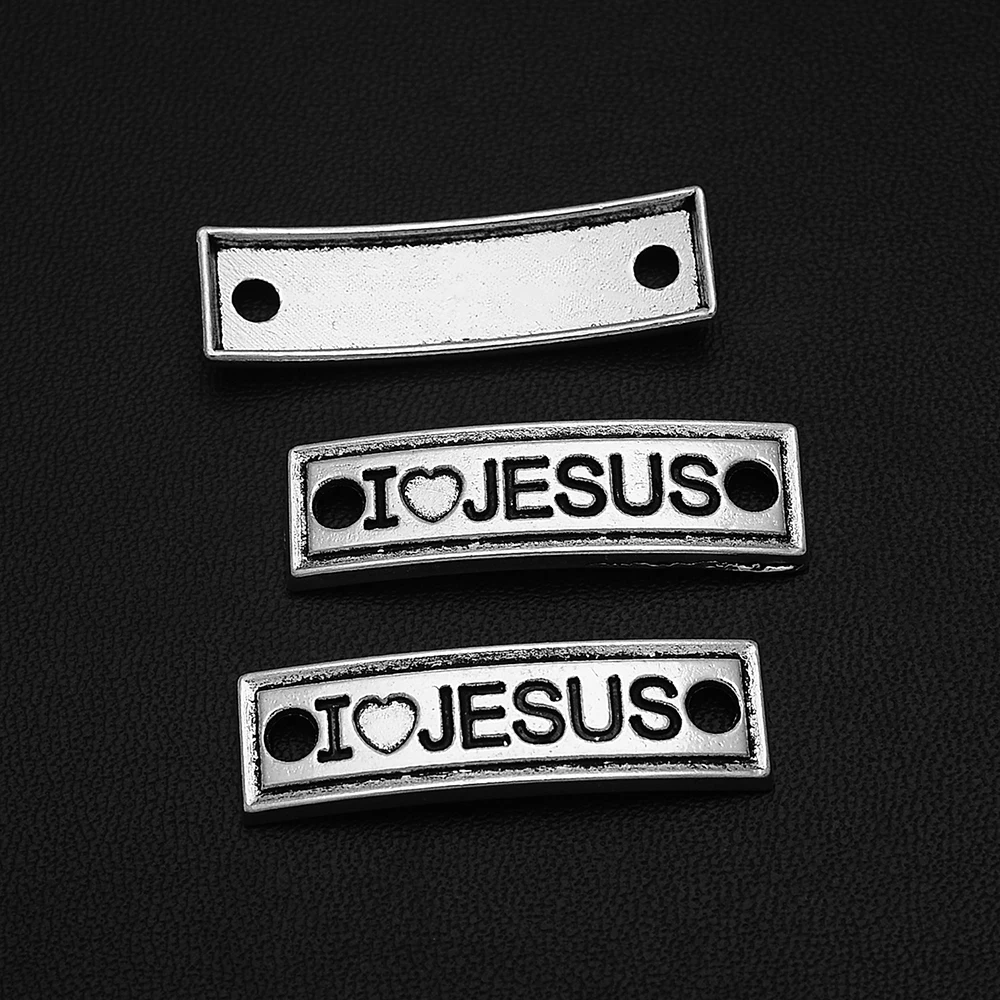 20pcs/Lots 10x35mm Antique Silver Plated I Love Jesus Connectors Charms Rectangular Pendants For Diy Jewelry Making Bracelet - купить по