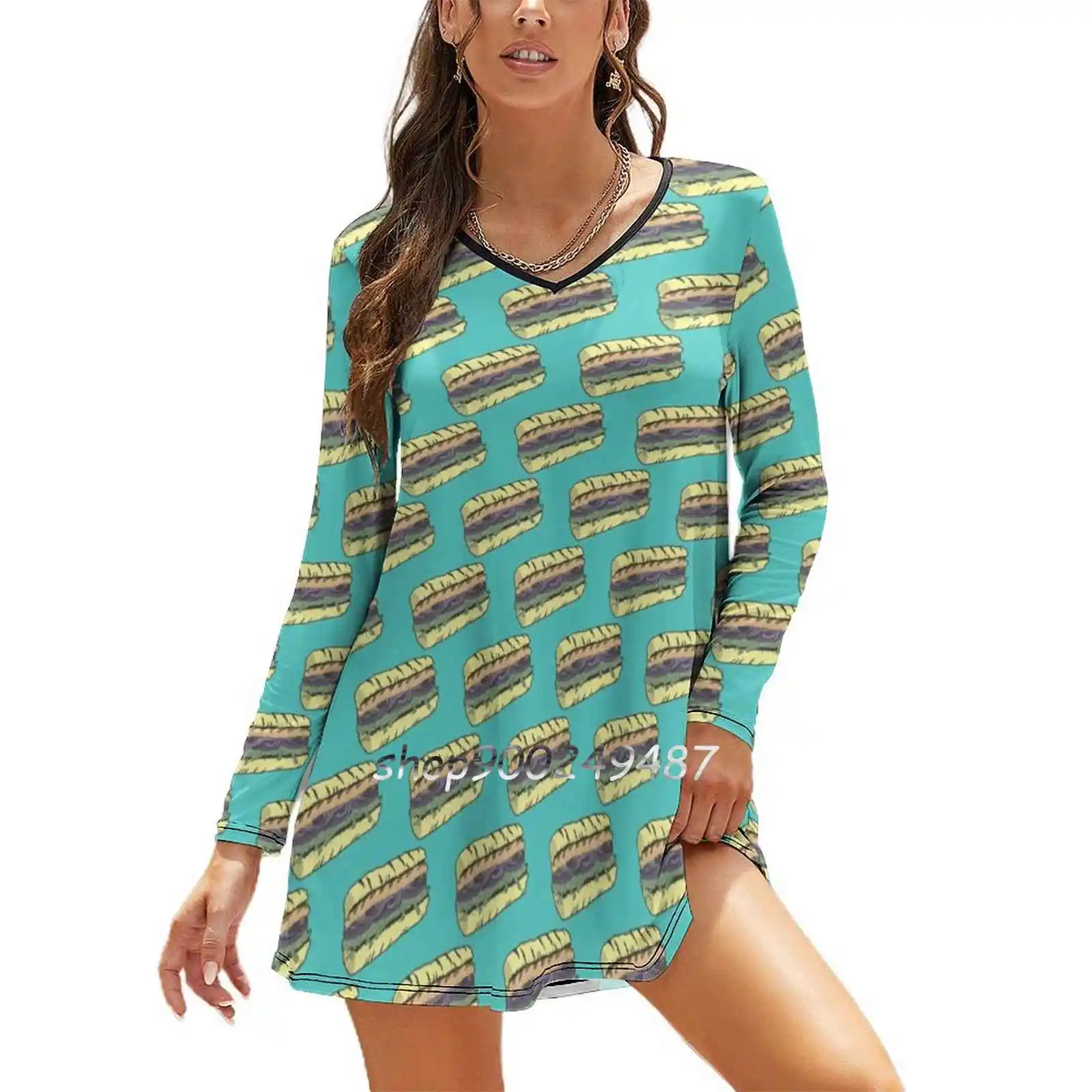 

Food Masquerade Dresses For Women A-Line Korea Style Slim Long Sleeve Dress Sandwich Bread Burger Vegetarian Vegan Street Food