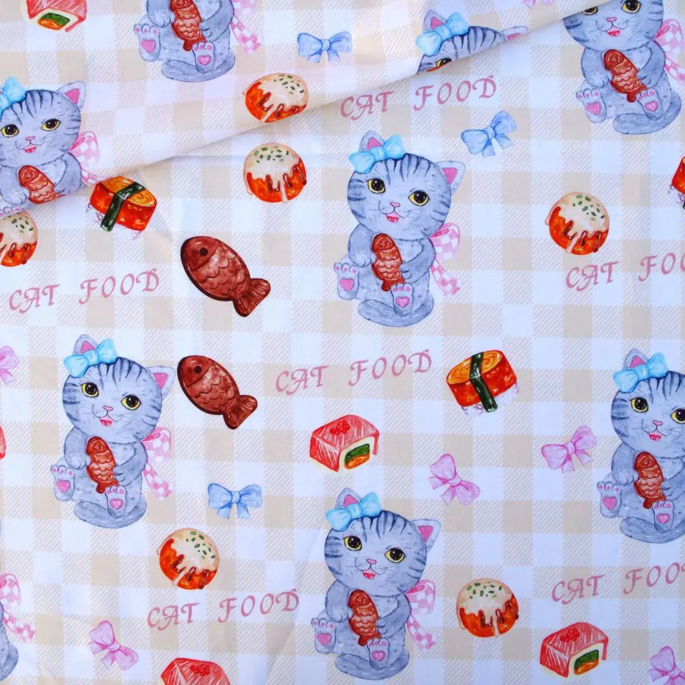 

1 Yard Digital Printing Cotton Fabric For Cloth, Bag, Bedding, Patch,Cat and fish, Width=110cm