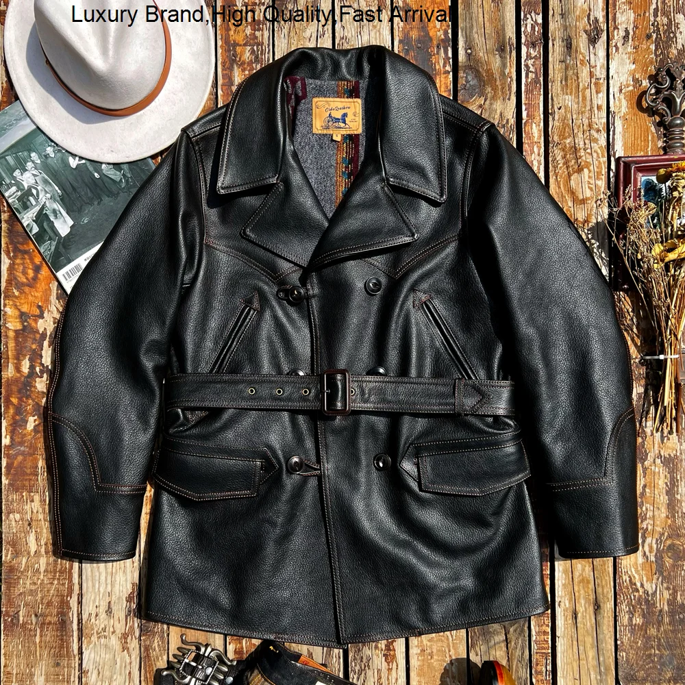 

In double color cowhide long farmer tea core American retro double-breasted leather trench coat