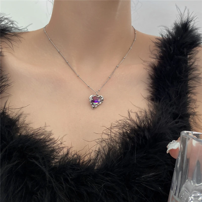 

Kpop Purple Love Heart Pendant Necklace Crystal Clavicle Chain Pearl Chocker Necklace For Women Egirl Aesthetic Jewelry