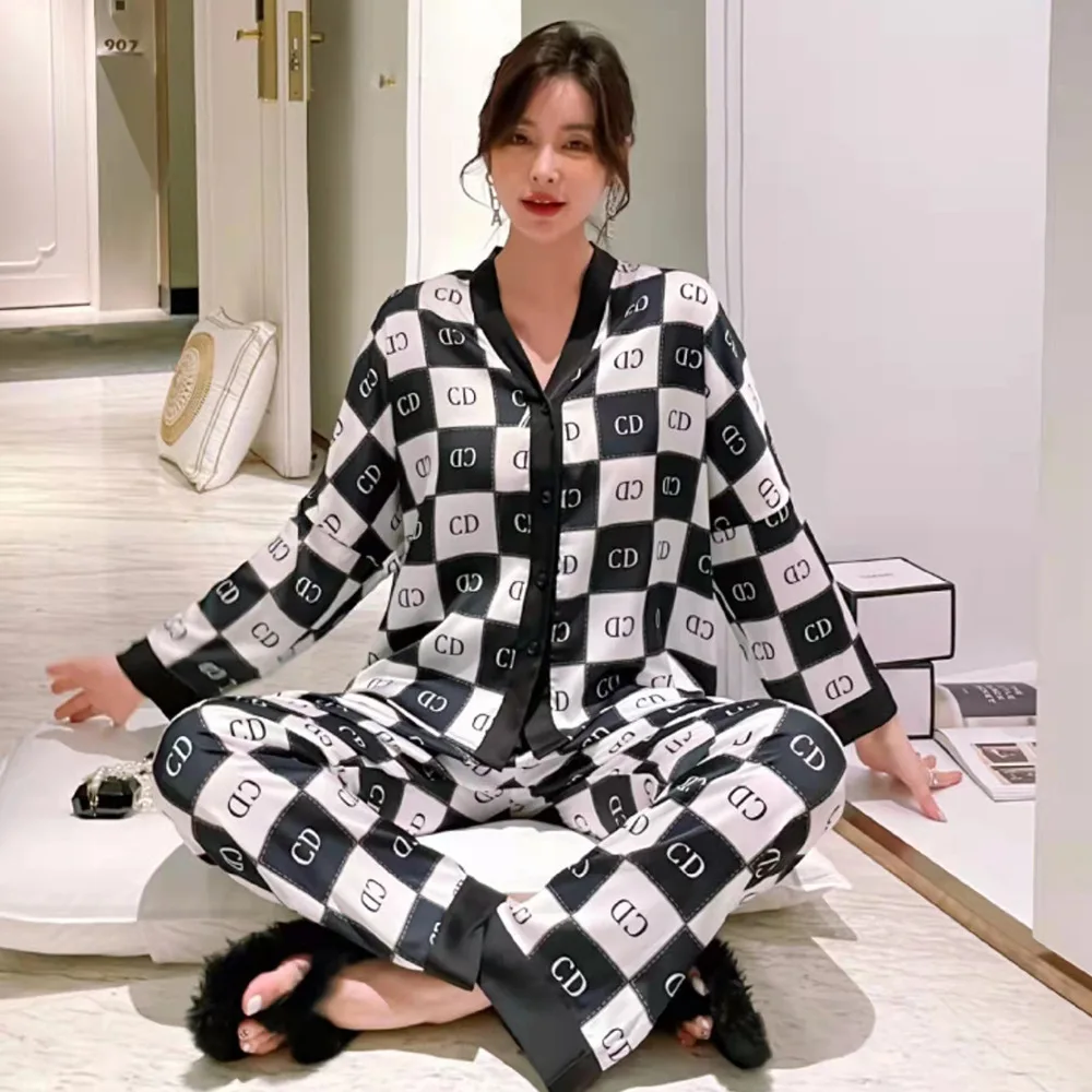 Women's Pajamas Set V Neck Design Luxury Cross Letter Print Sleepwear Silk Like Home Clothes XXXXL Large Size Nightwear