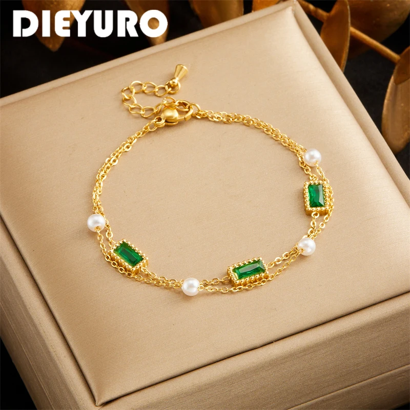 DIEYURO 316L нержавеющая сталь геометрический зеленый циркон жемчуг двухслойный