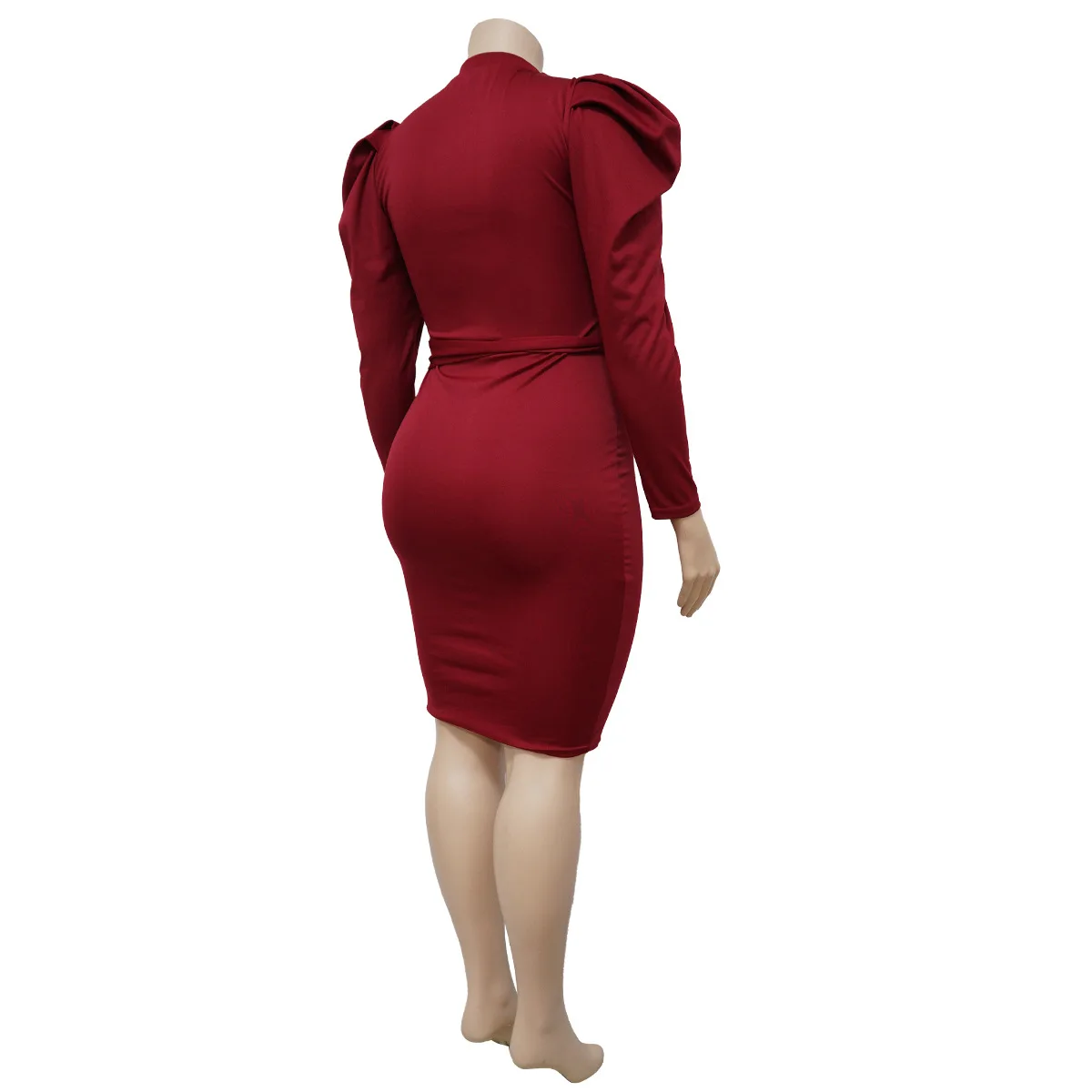Plus Size Dresses O-Neck Solid Lace Up Knee-length Long Sleeve Elegant Long Women's Overalls Party Dress High Street Sheath Full