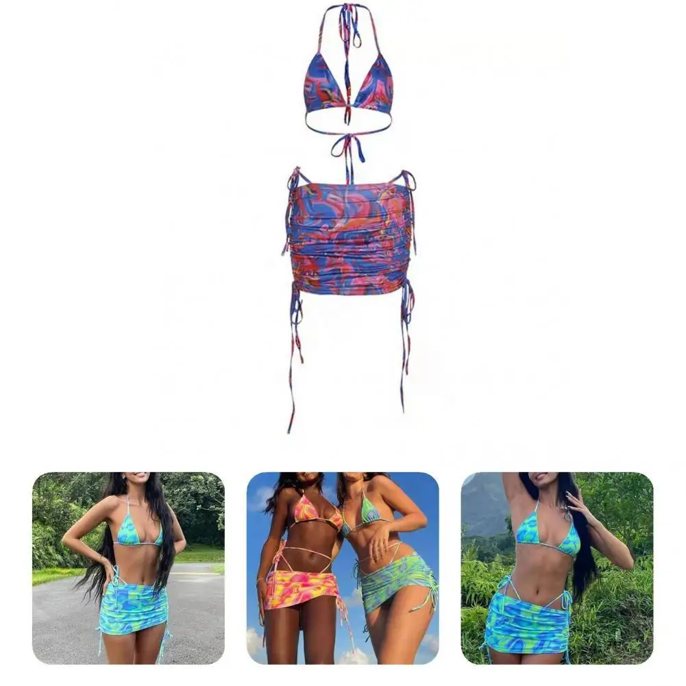 

1 Set Creative Women Swimsuit Lace-up Non-shrink Wire Free Clear Printing Bathing Suit
