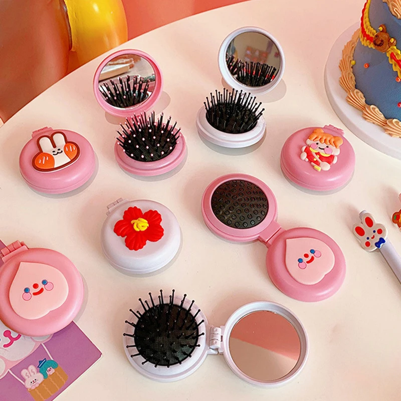 

Portable Hair Brush Makeup Single-Sided Massage Comb Mini Pocket Mirror Soft Cartoon Cute Round Folding