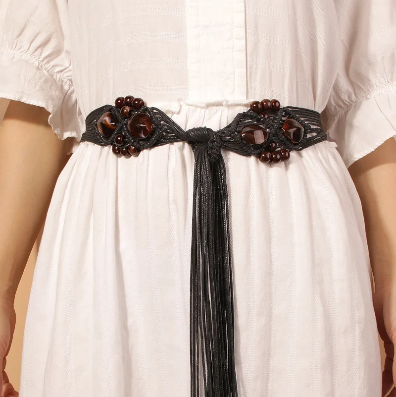 

New Bohemian Woman Vintage Waist Belt Crochet Women Woven Cummerbunds Wide Belt Buckle Elastic Braided Rope Dress Waistband