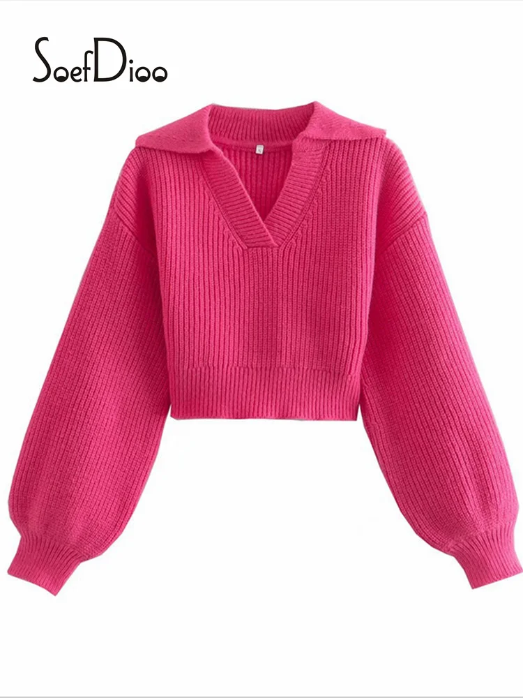 

Soefdioo Rose Red Lapel Lantern Sleeve Sweaters Women Fashion Knitted Cropped Pullovers Autumn 2022 Crop Tops Vintage Streetwear