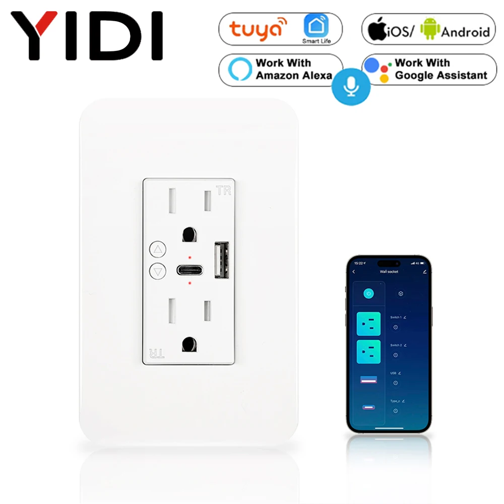 

Умная розетка с Wi-Fi, многофункциональная настенная розетка стандарта США, с адаптером USB Type-C, с дистанционным управлением через приложение, Alexa Google Home