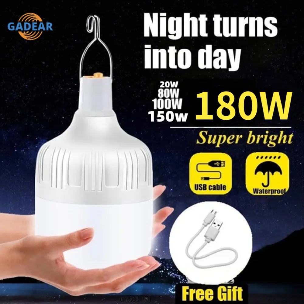 

180W Camping Light USB Rechargeable LED Bulb 5 Lighting Modes Hanging Tent Light Portable Emergency Bulb for Garden Outdoor