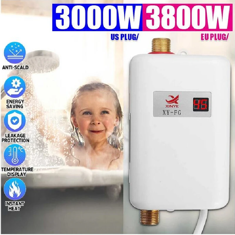 220V 3000W Tankless Electric Water Heater Bathroom Kitchen Instant Water Heater Temperature display Heating Shower Universal