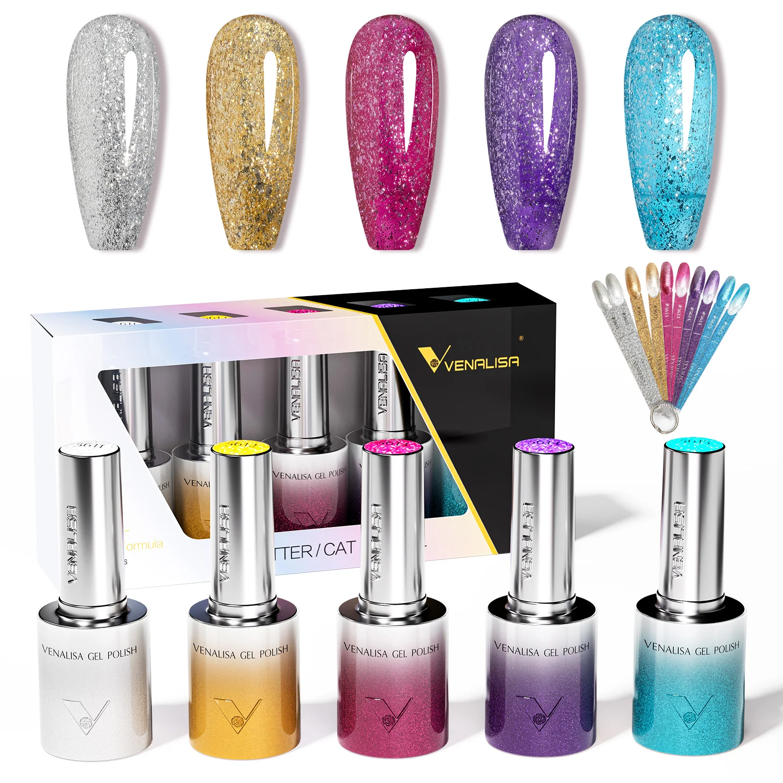 Фото 5 шт. Venalisa Hema/TPO Free Cat Eye Гель-лак для ногтей Набор цветовой палитр Ультра блестящий алмазный блеск Soak Off УФ-светодиодный набор лаков №3