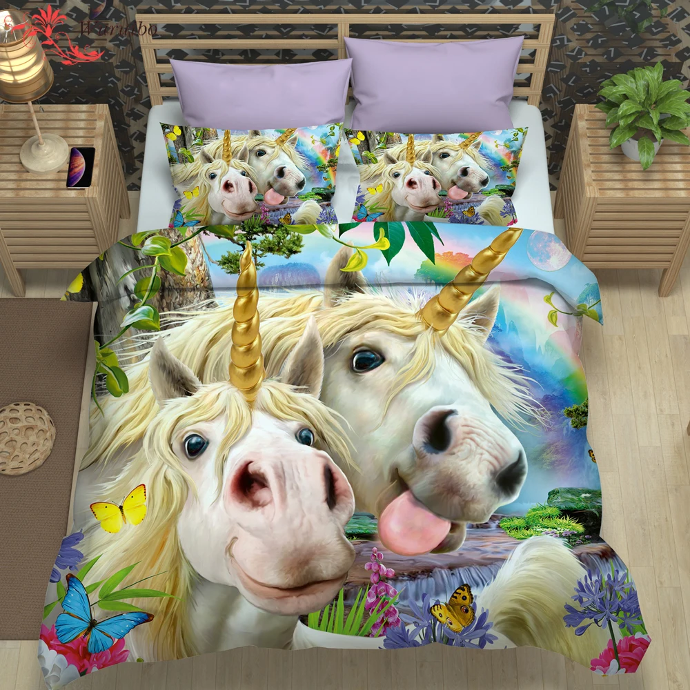 Funny Cute Horse Bedding Sets Vivid Cartoon Rainbow Animal Unicorn Quilt Duvet Cover Kids Boy Girl Single King Queen Bedclothes