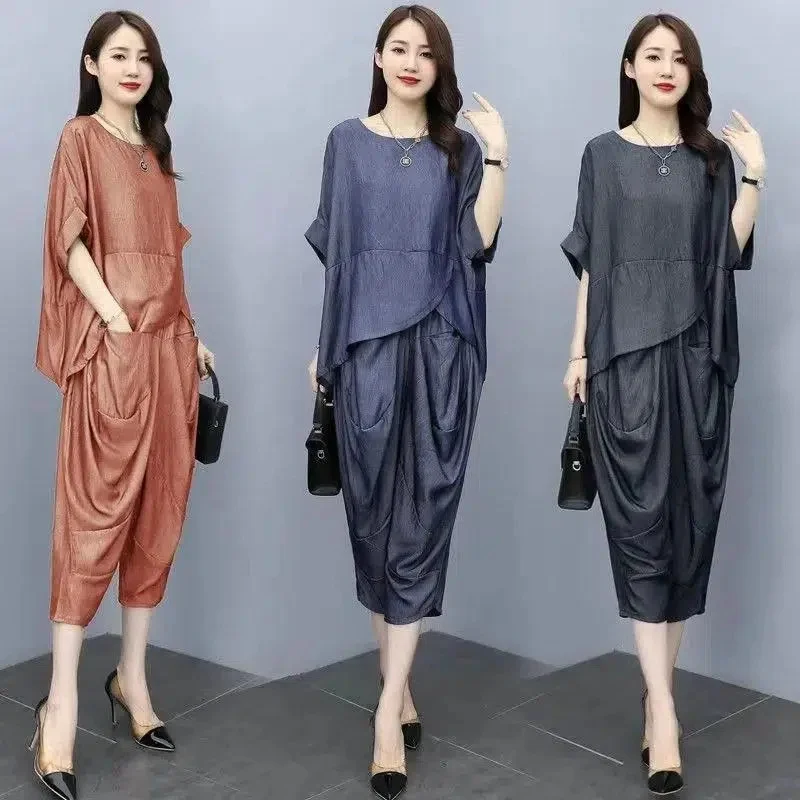 

Женский комплект из двух предметов, Модный повседневный костюм из двух предметов для матери среднего возраста, Новинка лета 2023, костюм с брюками, женский свободный костюм большого размера