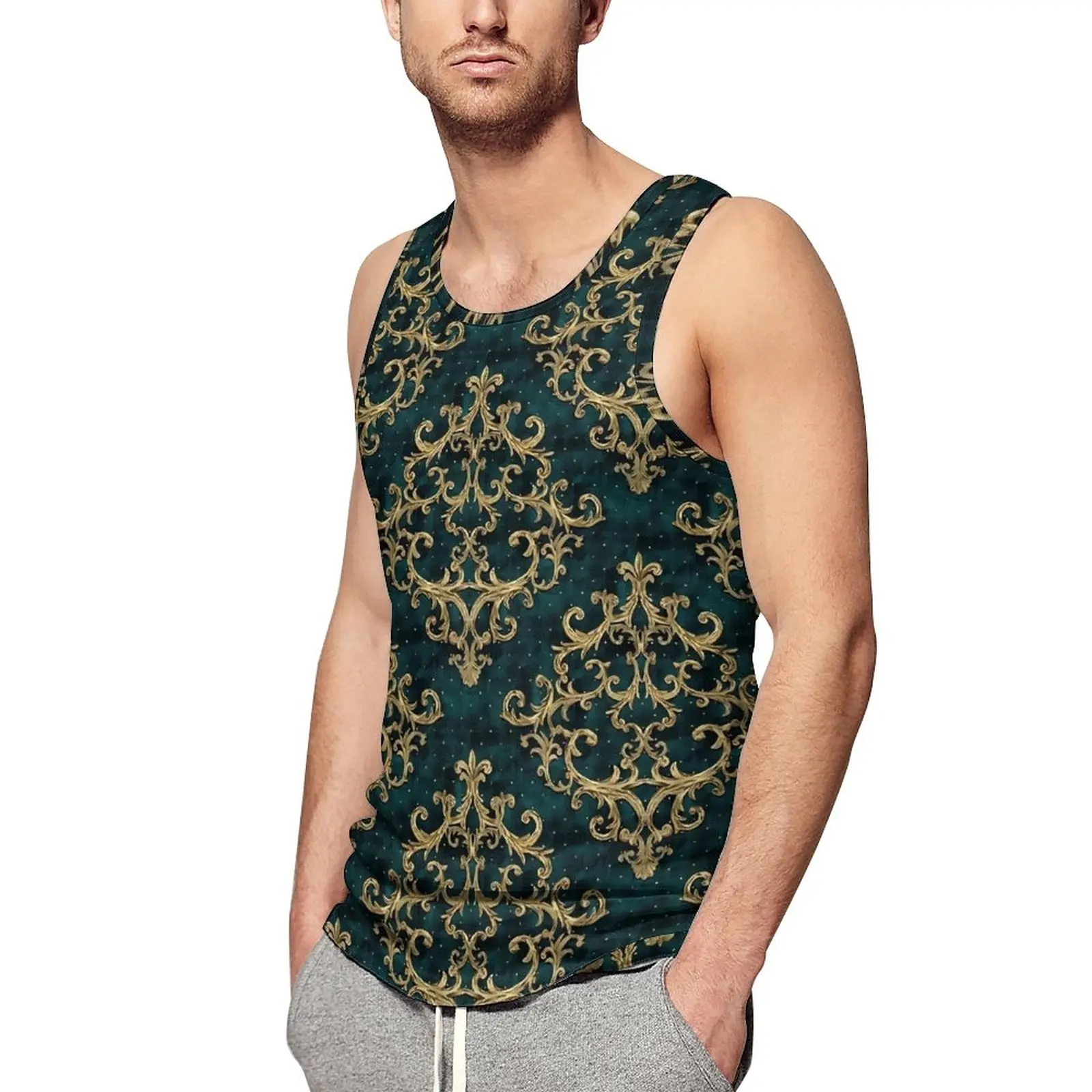 

Velvet Baroque Print Summer Tank Top Gold And Green Workout Tops Mens Custom Sportswear Sleeveless Shirts Big Size 4XL 5XL